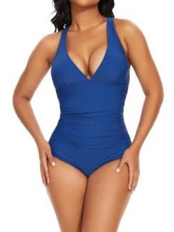 SHAPERIN Badeanzug Damen V-Ausschnitt Bauchweg Formender Badeanzug Sexy Monokini Rückenfrei Einteilige Bademode Swimsuits Miederbody, Marineblau, M von SHAPERIN