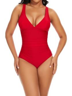 SHAPERIN Badeanzug Damen V-Ausschnitt Bauchweg Formender Badeanzug Sexy Monokini Rückenfrei Einteilige Bademode Swimsuits Miederbody, Rot, S von SHAPERIN