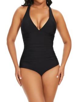 SHAPERIN Badeanzug Damen V-Ausschnitt Bauchweg Formender Badeanzug Sexy Monokini Rückenfrei Einteilige Bademode Swimsuits Miederbody, Schwarz, S von SHAPERIN