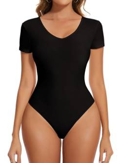 SHAPERIN Body Damen Kurzarm Tanga V Ausschnitt Bodysuit Top Einteiliger Leotard Einfarbige Oberteile Tshirt Sommer Blusen, Schwarz, XXL von SHAPERIN