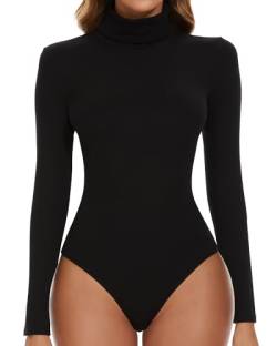 SHAPERIN Body Langarm Damen Rollkragen Bodysuits Oberteil Tanga Leotards Overall Elegant Langarmbody Schwarz L von SHAPERIN