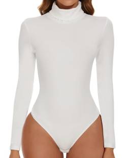 SHAPERIN Body Langarm Damen Rollkragen Bodysuits Oberteil Tanga Leotards Overall Elegant Langarmbody Weiß XL von SHAPERIN