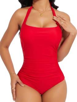 SHAPERIN Damen Badeanzug Figurformend Neckholder Monokini Bauchweg Push Up Plissee Einteilige Bademode, Rot, M von SHAPERIN