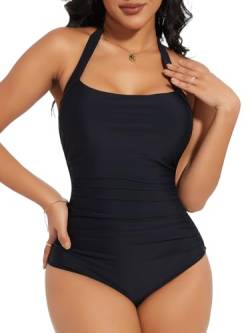 SHAPERIN Damen Badeanzug Figurformend Neckholder Monokini Bauchweg Push Up Plissee Einteilige Bademode, Schwarz, M von SHAPERIN