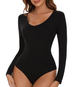 SHAPERIN Damen Body Langarm V-Ausschnitt Bodysuit Langarmshirt Unterziehbody Tanga Long Sleeve Tops Damenbody Schwarz S von SHAPERIN