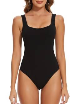 SHAPERIN Damen Body mit Quadratischem Ausschnitt Tank Top Bodysuit Tanga Ärmellose Oberteile Gerippter Jumpsuit Unterziehbody, Schwarz, L von SHAPERIN