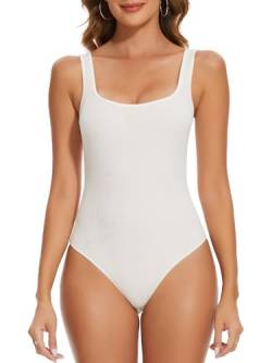 SHAPERIN Damen Body mit Quadratischem Ausschnitt Tank Top Bodysuit Tanga Ärmellose Oberteile Gerippter Jumpsuit Unterziehbody, Weiß, M von SHAPERIN