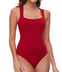 SHAPERIN Damen Bodysuit Ärmellos Eckiger Ausschnitt Bodies Stringbody Unterziehbody Sleeveless Bodysuits Oberteil Elegant Rot-Ärmellos M von SHAPERIN