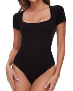 SHAPERIN Damen Bodysuit Kurzarm Eckiger Ausschnitt Bodies Stringbody Unterziehbody Basic Short Sleeve Bodysuits Oberteil Elegant Schwarz-Kurzarm XXL von SHAPERIN