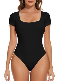 SHAPERIN Damen Bodysuit Top Body Kurzarm mit Quadratischem Ausschnitt Tshirt Oberteil Einfarbig Sommer Tops Stringbody, Schwarz, M von SHAPERIN