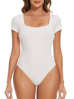 SHAPERIN Damen Bodysuit Top Body Kurzarm mit Quadratischem Ausschnitt Tshirt Oberteil Einfarbig Sommer Tops Stringbody, Weiß, L von SHAPERIN