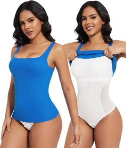 SHAPERIN Damen Figurformend BH-Hemd Eckiger Ausschnitt Ärmellos Shapewear Bauchweg Bodysuit Sleeveless Oberteile Sommer Built-in Bra Tank Top Blau 2XL von SHAPERIN