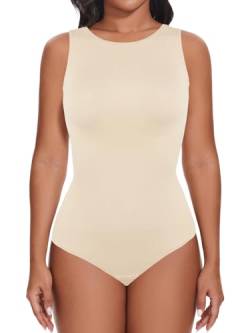 SHAPERIN Damen Formender Body Bauchweg Nahtlose Miederbody Tanga Body Shaper Rundhals Leotard Racerback Jumpsuit Top, Beige, XL von SHAPERIN