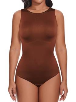 SHAPERIN Damen Formender Body Bauchweg Nahtlose Miederbody Tanga Body Shaper Rundhals Leotard Racerback Jumpsuit Top, Braun, M von SHAPERIN