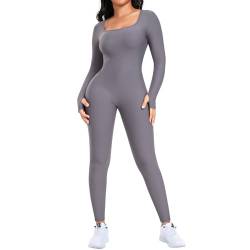 SHAPERIN Damen Jumpsuit Yoga Langarm Trainingsanzüge Hohe Taille Sportkleidung Damen Set Bodycon Bodysuit Overall Romper Long Sleeve Hosenanzug Grau L von SHAPERIN