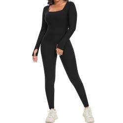 SHAPERIN Damen Jumpsuit Yoga Langarm Trainingsanzüge Hohe Taille Sportkleidung Damen Set Bodycon Bodysuit Overall Romper Long Sleeve Hosenanzug Schwarz M von SHAPERIN