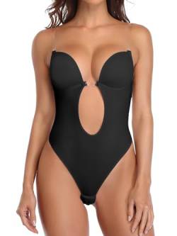 SHAPERIN Damen Rückenfreier Bodysuit Tiefer V-Ausschnitt Body Shaper Bauchweg Formender Body String Shapewear mit Push Up BH, Schwarz, XL von SHAPERIN