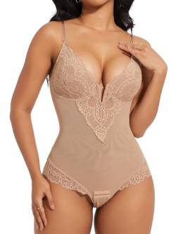 SHAPERIN Formbody Damen mit BH Bauchweg Miederbody Tanga V-Ausschnitt Bodysuit Spitze mit Verstellbarer Schultergurt, Beige, XXL von SHAPERIN