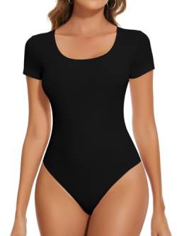 SHAPERIN Kurzarmbody Damen Rundhalsausschnitt Body Gerippte Tshirt Top Bodysuit Tanga Unterziehbody, Schwarz, L von SHAPERIN