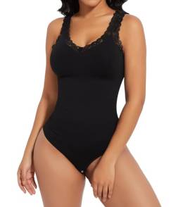 SHAPERIN Shapewear Bauchweg Body Damen Figurformender Spitze Body Shaper Tanga Stark Formend Lace Shapewear Bodysuit Nahtlose Taillenformer Schwarz S von SHAPERIN