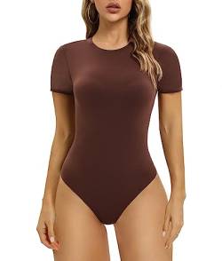 SHAPERX Body Damen Bodysuit Hoher Elastizität Kurzarm Top Rundhals T-Shirt Tanga, UK-SZ5249-2-Cocoa-2XL von SHAPERX