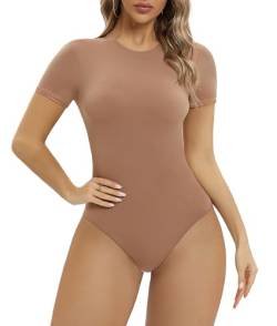 SHAPERX Body Damen Bodysuit Hoher Elastizität Kurzarm Top Rundhals T-Shirt Tanga, UK-SZ5249-2-Sienna-S von SHAPERX