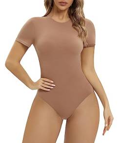 SHAPERX Body Damen Bodysuit Hoher Elastizität Kurzarm Top Rundhals T-Shirt Tanga, UK-SZ5249-2-Sienna-S von SHAPERX