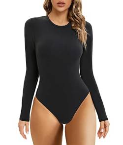 SHAPERX Body Damen Bodysuit Hoher Elastizität Langarm Top Rundhals T-Shirt Tanga, UK-SZ5242-Black-2XL von SHAPERX