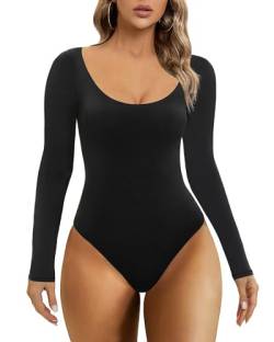 SHAPERX Body Damen Langarm Bodysuit Rundhals Oberteil Höhe Elastizität Elegant Leotard Abgerundeter Ausschnitt Top mit Tanga Jumpsuit, UK-SZ5260-Black-2XL von SHAPERX