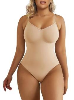 SHAPERX Body für Damen, Bauchkontrolle, Shapewear, nahtlos, formend, Tanga, Body Shaper, Tanktop, Beigefarbener String, XXS-XS von SHAPERX