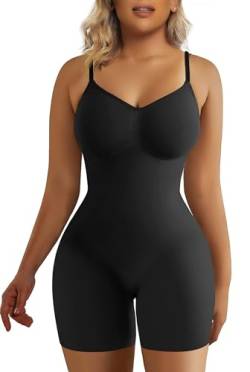 SHAPERX Body für Damen, Bauchkontrolle, Shapewear, nahtlos, formend, Tanga, Body Shaper, Tanktop, Schwarz Mitte Oberschenkel, S-M von SHAPERX