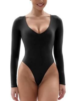 SHAPERX Body für Damen, V-Ausschnitt, langärmelig, superweich, körperbetonte Oberteile, Schwarz, XL von SHAPERX