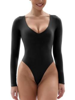 SHAPERX Body für Damen, V-Ausschnitt, langärmelig, superweich, körperbetonte Oberteile, Schwarz, XXL von SHAPERX