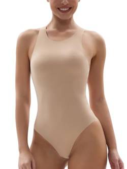 SHAPERX Body mit Rundhalsausschnitt, Racerback, ärmellos, sexy Tank-Tops, superweicher Tanga-Body, Beige, S von SHAPERX