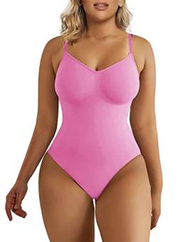 SHAPERX Bodysuit Figurenformend Damen Body Shaper Bauchweg Sculpting Shapewear Tanga Ganzkörper Formende Bodys Verstellbarer Schultergurt, UK-SZ5215-Pink-4XL/5XL von SHAPERX