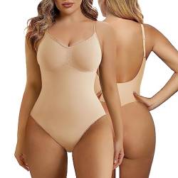 SHAPERX Bodysuit Figurenformend Damen Shapewear Bauchweg Body Shaper Tanga Ganzkörper Formende Bodys Niedriger Rücken Verstellbare Träger, UK-SZ5266-Beige-4XL/5XL von SHAPERX