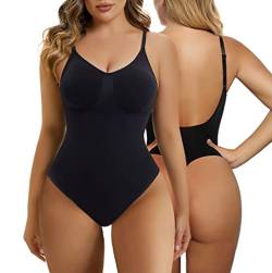 SHAPERX Bodysuit Figurenformend Damen Shapewear Bauchweg Body Shaper Tanga Ganzkörper Formende Bodys Niedriger Rücken Verstellbare Träger, UK-SZ5266-Black-4XL/5XL von SHAPERX