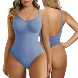 SHAPERX Bodysuit Figurenformend Damen Shapewear Bauchweg Body Shaper Tanga Ganzkörper Formende Bodys Niedriger Rücken Verstellbare Träger, UK-SZ5266-Smoke Blue-XXS/XS von SHAPERX