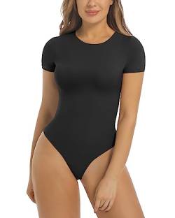 SHAPERX Damen Body Fit Everybody Soft Rundhals T-Shirt Body Suits mit Tanga-Design, Kurzarm-schwarz, XL von SHAPERX