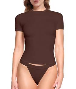 SHAPERX Damen Rundhals Kurzarm Tops Fit Jedermann Doppelt Gefüttert Fit T-Shirts Basic Tee, Cocoa, Groß von SHAPERX