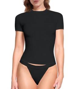 SHAPERX Damen Rundhals Kurzarm Tops Fit Jedermann Doppelt Gefüttert Fit T-Shirts Basic Tee, Schwarz, Groß von SHAPERX