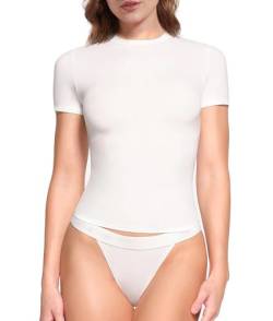 SHAPERX Damen Rundhals Kurzarm Tops Fit Jedermann Doppelt Gefüttert Fit T-Shirts Basic Tee, Weiss/opulenter Garten, Klein von SHAPERX