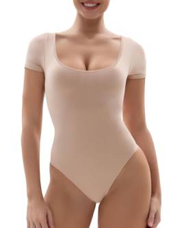 SHAPERX Damen T-Shirt Bodysuit Bauchweg Shapewear Tanga Hohe Kompression Sculpting Formende Body Shaper Figurformender, UK-SZ5253-Sandstone-2XL/3XL von SHAPERX