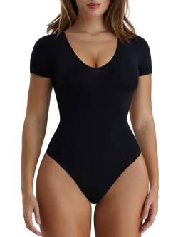 SHAPERX Shapewear Damen Bauchweg Hohe Kompression Bodysuit Sculpting Body Shaper V-Ausschnitt T-Shirt mit Tanga Stark Formend Body Suit, UK-SZ5294-Black-L/XL von SHAPERX