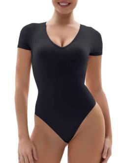 SHAPERX Shapewear Damen Bauchweg Hohe Kompression Bodysuit Sculpting Body Shaper V-Ausschnitt T-Shirt mit Tanga Stark Formend Body Suit, UK-SZ5294-Black-XXS/XS von SHAPERX