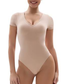 SHAPERX Shapewear Damen Bauchweg Hohe Kompression Bodysuit Sculpting Body Shaper V-Ausschnitt T-Shirt mit Tanga Stark Formend Body Suit, UK-SZ5294-Sand-L/XL von SHAPERX