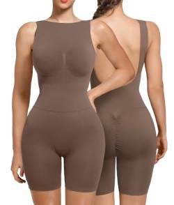 SHAPERX Shapewear Damen Body Miederbody Stark Formend Jumpsuit Kurz Figurformende bodywäsche Abnehmen Shaping Bodysuit, UK-SZ5340-Khaki-S/M von SHAPERX