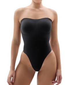 SHAPERX Trägerloser kurzer Body für Damen, Bauchkontrolle, Shapewear, nahtlos, formender Body Shaper mit abnehmbaren Trägern, Schwarzer String, S-M von SHAPERX