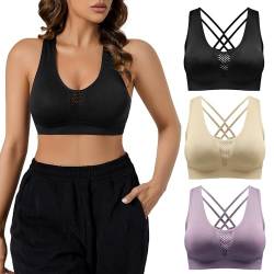 SHARICCA Basic BH Damen Yoga Sports Bra Starker Halt Große Größe Atmungsaktiv Wohlfühl Bustiers Top Damen Sport Bequem BH Baumwolle Push Up Set 3er Pack Gym Lauf Joggen（Mehrfarbig-3P02-S von SHARICCA