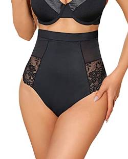 SHARICCA Bauchweg Unterhose Damen mit Spitze Hohe Taille Shapewear Tanga (1P01-Schwarz, L) von SHARICCA